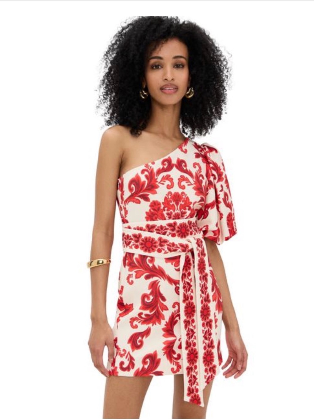 Cara Cara One-Shoulder White Dress with Red Floral Print